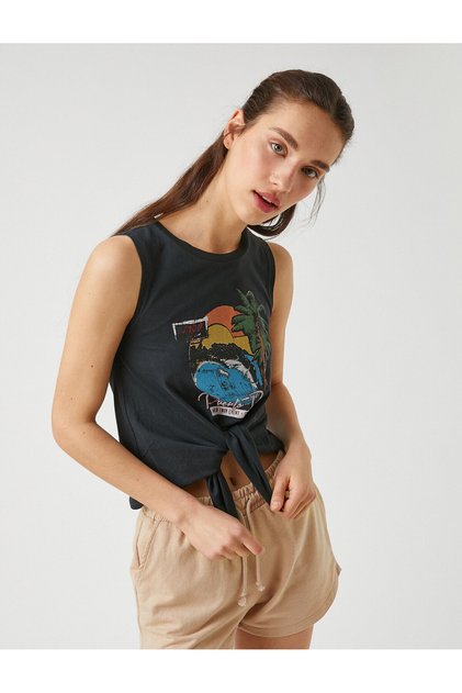 Printed Front Tie Crew Neck Undershirt