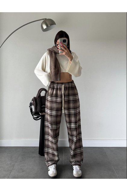 sıyahkahve Harajuku Kare Desenli Unisex Pijama Eşofman
