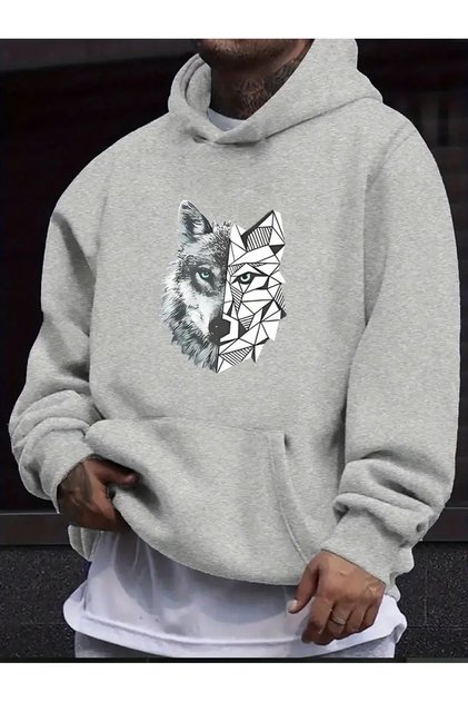 Uni̇sex Wolf مطبوعة مقنعين Sweatshi̇rt