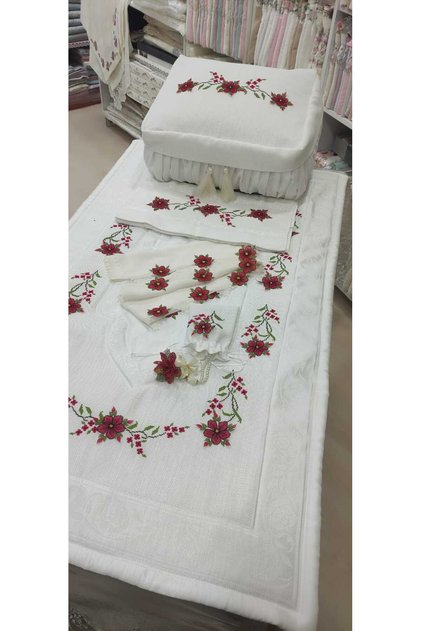 İğne Oyalı El İşlemeli  Linen Seccade Seti