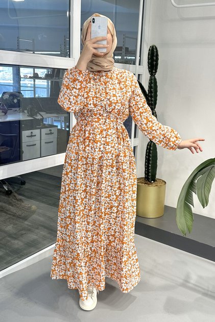 Ms211 Ruffle Buttoned Orange Dress