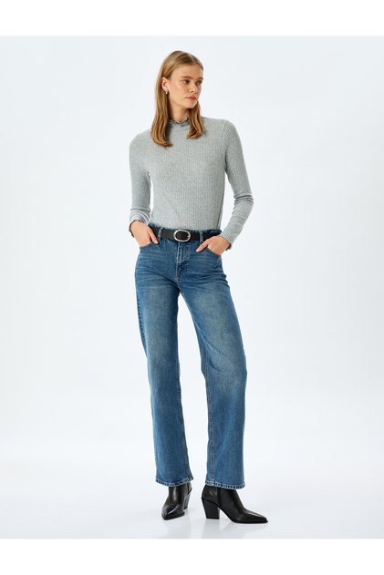 Fırfırlı Dik Yaka Uzun Kollu Slim Fit Basic Tişört
