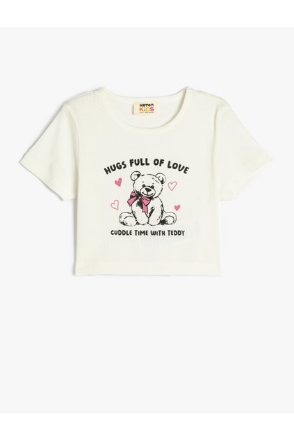 Teddy Bear Print Crew Neck Short Sleeve Cotton T-Shirt