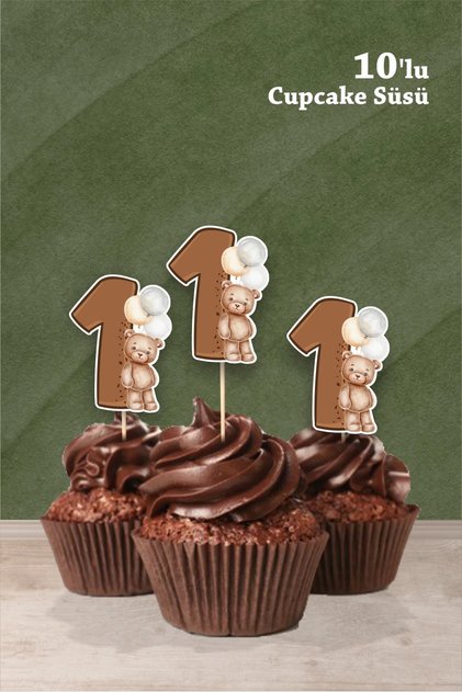 Ayıcık Temalı 1 Yaşında Cupcake Süsü '10lu