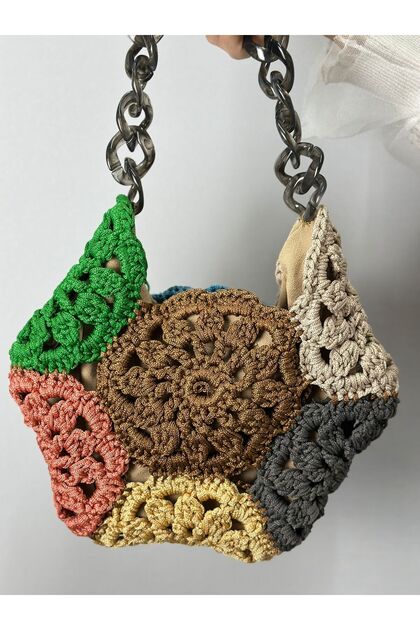 30X27 cm Hand Knitted Floral Women's Bag