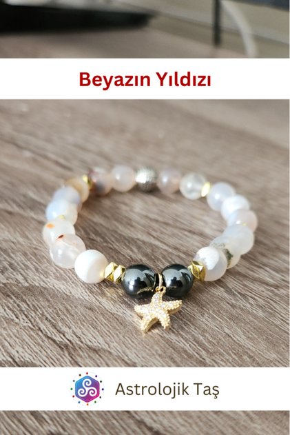 White Star Natural Stone Bracelet, Certified Agate Stone, Stress Stone, Balance Stone