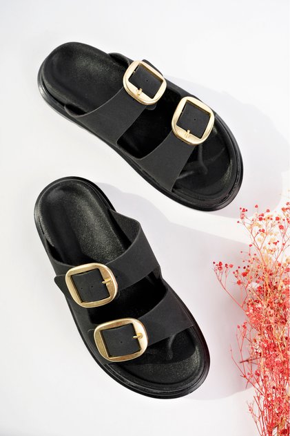 Women's Black Matte Double Buckle Comfortable Sole Slippers