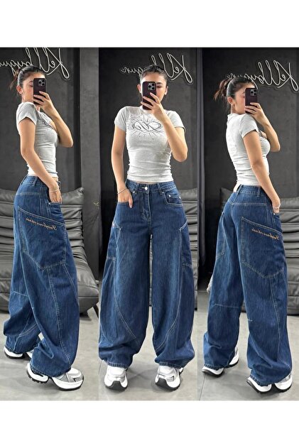 KOTOLOG Y2k Yandan Cep Ön Yan Dikiş Detay Bol Paça Mavi Baggy Jean