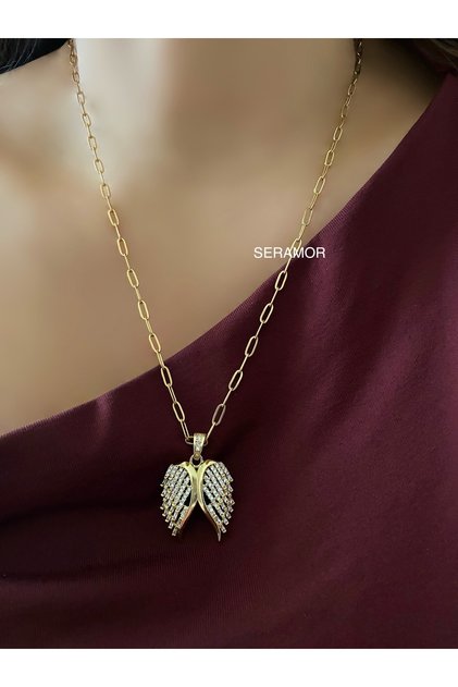 Sparkling Angel Wing Necklace with Anti Tarnish Steel 50 cm Paperclip Chain