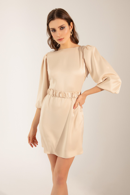 Lafaba Women's Beige Balloon Sleeve Mini Engagement Dress- Trendyol Lafaba Women's Beige Balloon Sleeve Mini Engagement Dress- Trendyol