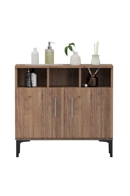 Medium Height Cabinet with 2 Door Storage and 3 Open Shelf-Truffle Davos Oak
