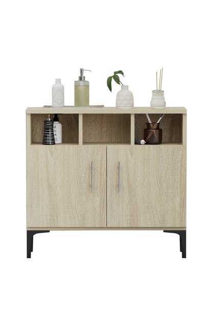 Medium Height Cabinet with 2 Door Storage and 3 Open Shelf-Grey Bardolino Oak