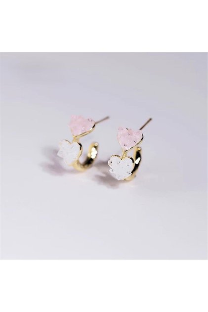 Pink White Crystal Filled Heart Hoop Earrings