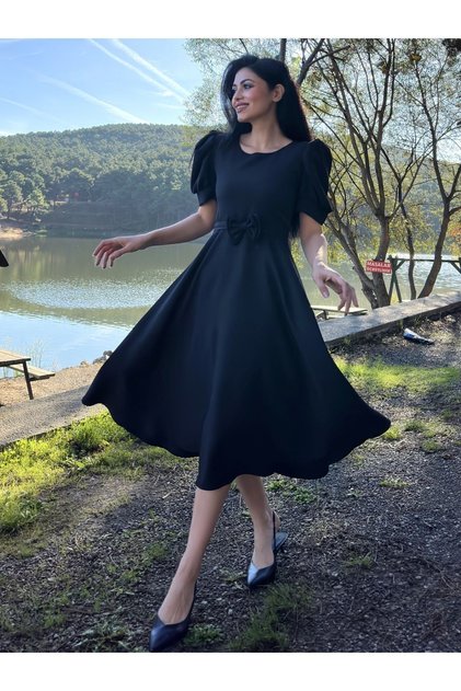 Black Watermelon Sleeve Flared Midi Length Crepe Dress