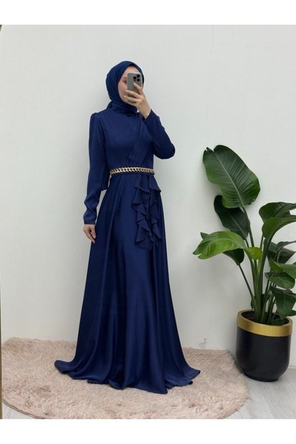 Satin Evening Dress with Chain Detail at Waist and Ruffles at Front