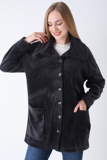 Kadın Antrasit Oversize Uzun Kollu Cepli Yakalı Düğmeli Peluş Hırka Ceket
