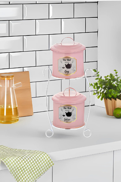 Tea Sugar Container Metal Spice Container Tea Salt Coffee Sugar Box with Stand Overlapping Chrome-Pink Set
