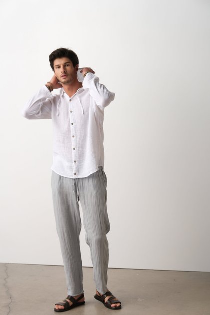 Muslin Cotton Long Sleeve, Soft Hooded Men's Shirt