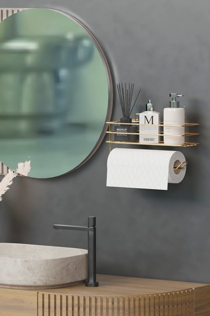 Paper Roll Towel Holder with Gold Adhesive Shelf Towel Tissue Holder Bathroom Kitchen Organizer Rack
