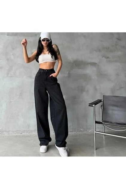 Avril Baggy Acid Wash Buckle Detail Loose Fit Wide Leg Casual Baggy Jean Denim Baggy Women's Pants
