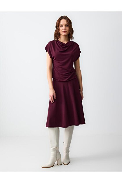 Jimmy Key Sumak Rahat Kesim Dökümlü Yaka Kısa Kollu Midi Elbise