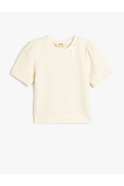 Short Sleeve Crew Neck Blouse with Bow Detail