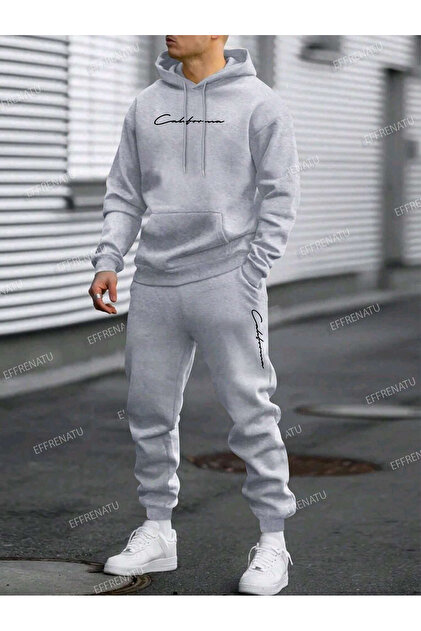Tracksuit Set Sweatshirt Jogger - Black-Gray Printed Oversize Hooded Hoodie