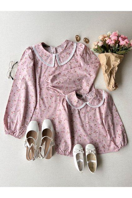 Vintage Pink-Burgundy Floral Baby Collar Mother-Daughter Poplin Blouse Combination (Sold Single)
