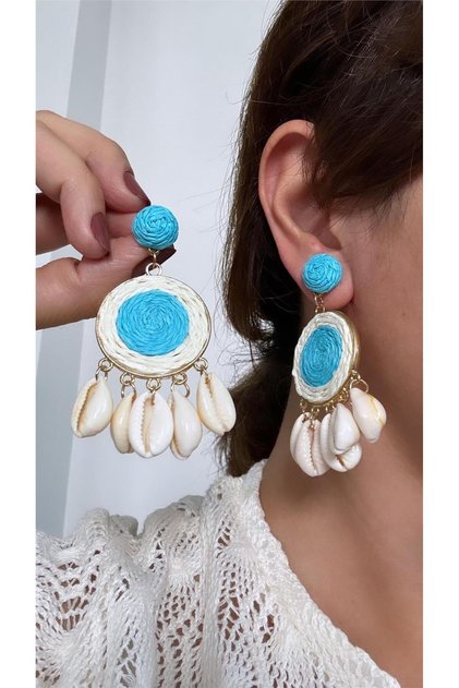 Blue Large Earrings with Straw and Seashells