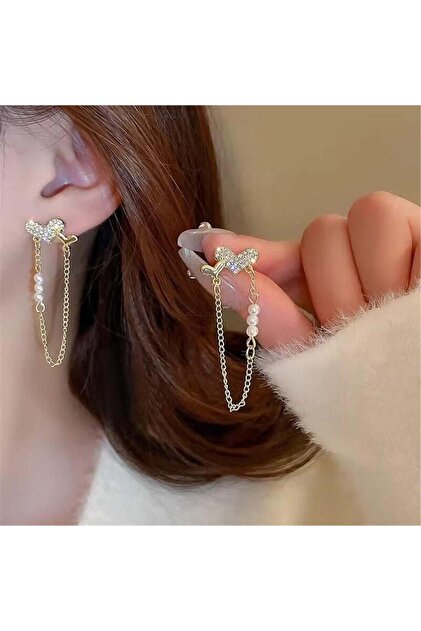 Gold Crystal and Pearl Dangle Heart Earrings