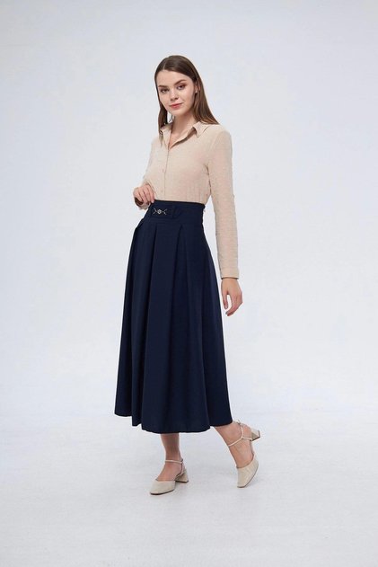 Apsen Women's Navy Blue Seasonal Flared Hijab Skirt with Metal Accessory Detail 2054-90