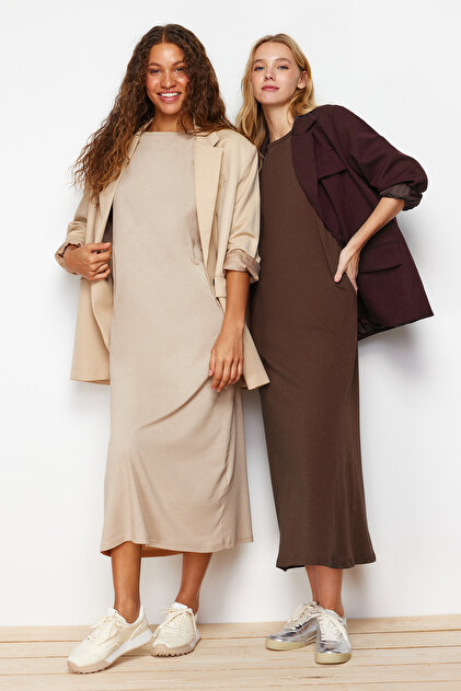 Trendyol Modest 2-Pack Brown and Beige 100% Cotton Knitted Dress -  TCTAW22UK0110- Trendyol