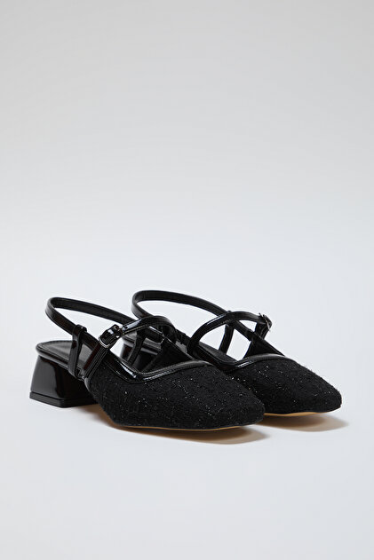 Women's Tweed Square Toe Mary Jane Block Heel Shoes, 3 cm, Black - TAKSS25TO00023