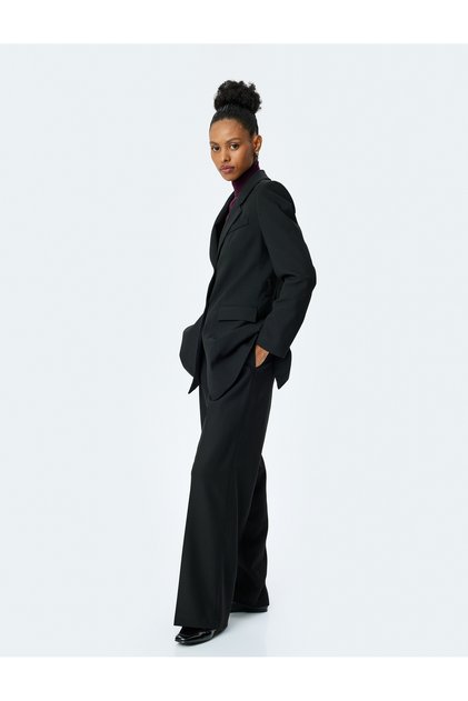 Ribbed Wide Leg Fabric Trousers with Pockets and Tie Detail
