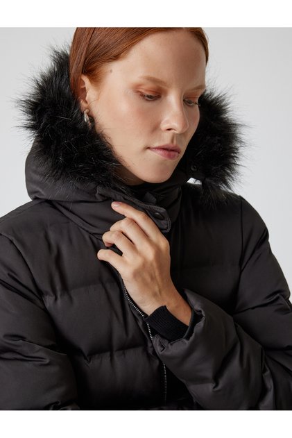 Inflatable Coat with Hood, Faux Fur Collar, Pockets and Zipper