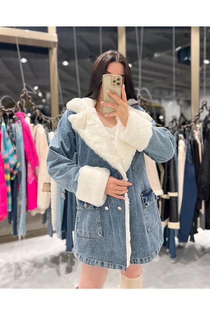 Leksa Uzun Içi Kürklü Kot Mont, Denim Uzun Kürklü Mont, Kot Mont