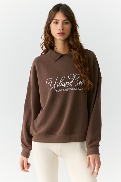 Alexia Urbanbeat Women's Knitwear Shirt Collar Print Detailed Relaxed Brown Sweatshirt