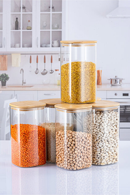 BM、珪化木セット Lizzy 6 Adet 1500 ml Kare Bambu Kapaklı Lüks Bakliyat Seti
