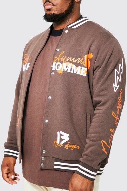 Unisex Oversize Baskılı Kahverengi Bomber Kolej Ceket