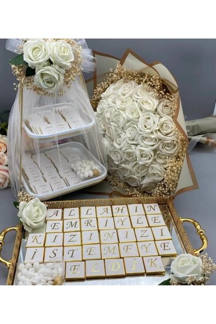 İsteme Çiçek Çikolata Seti 3'lü - Beyaz Gül Buketi, Çikolata Tepsisi Ve Ikramlık