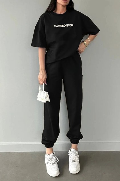 Thatssofetch Printed T-Shirt Sweatpants Jogger - Top and Bottom Sweatpants Set Oversize Crew Neck
