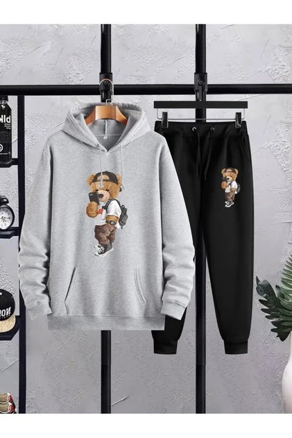 Teddy Bear Printed Tracksuit Set - Hooded Sweatshirt Jogger Tracksuit Bottom Top Set