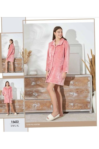 15422 Pudra Pembe Önden Düğmeli Wellsoft Kısa Sabahlık
