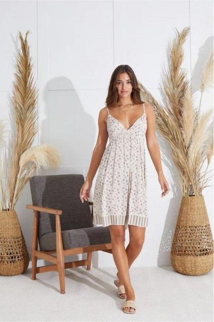 15532 Ekru Leopar Desenli İp Askılı Tunik Elbise