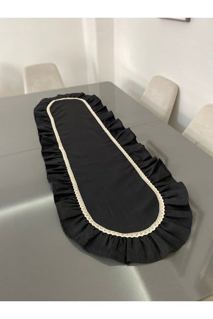 Black Linen Fabric Ruffle Runner 40X120 (Custom Size Made)