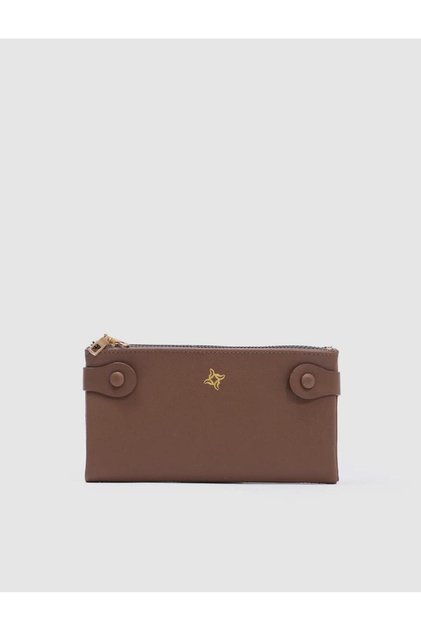 Brown Women's Wallet with Double Zipper and Snap Fastener