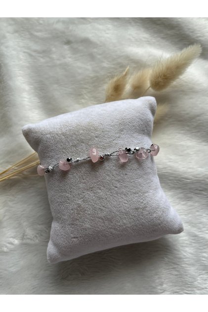 Pink Quartz Stone Adjustable Silver String Bracelet & Anklet Handmade
