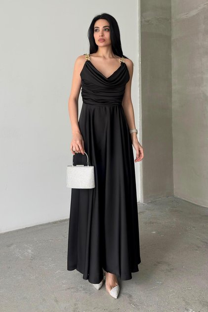 Black Chain Strap Chest Draped Evening Dress