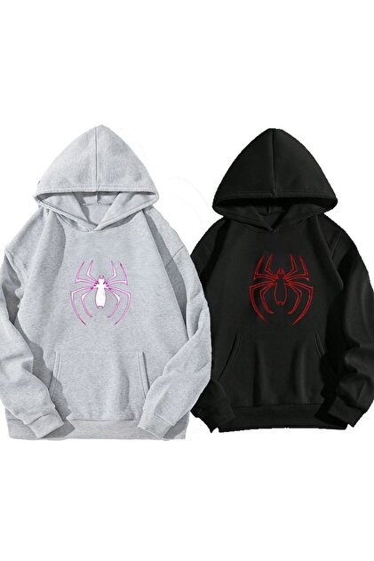 Gray Black Unisex Spider Printed 3 Thread Cotton Oversize Lover Couple Combination Hooded Hoodie