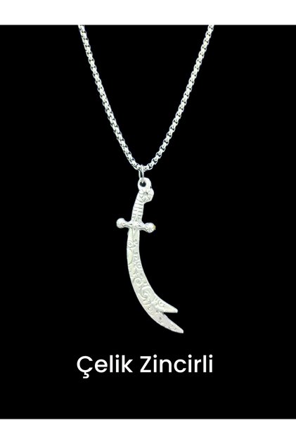 Unisex Kararmaz Çelik Zincirli Zülfikar Kılıç Sembollü Kaliteli Gümüş Renk